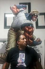 guy sims photo with comic character